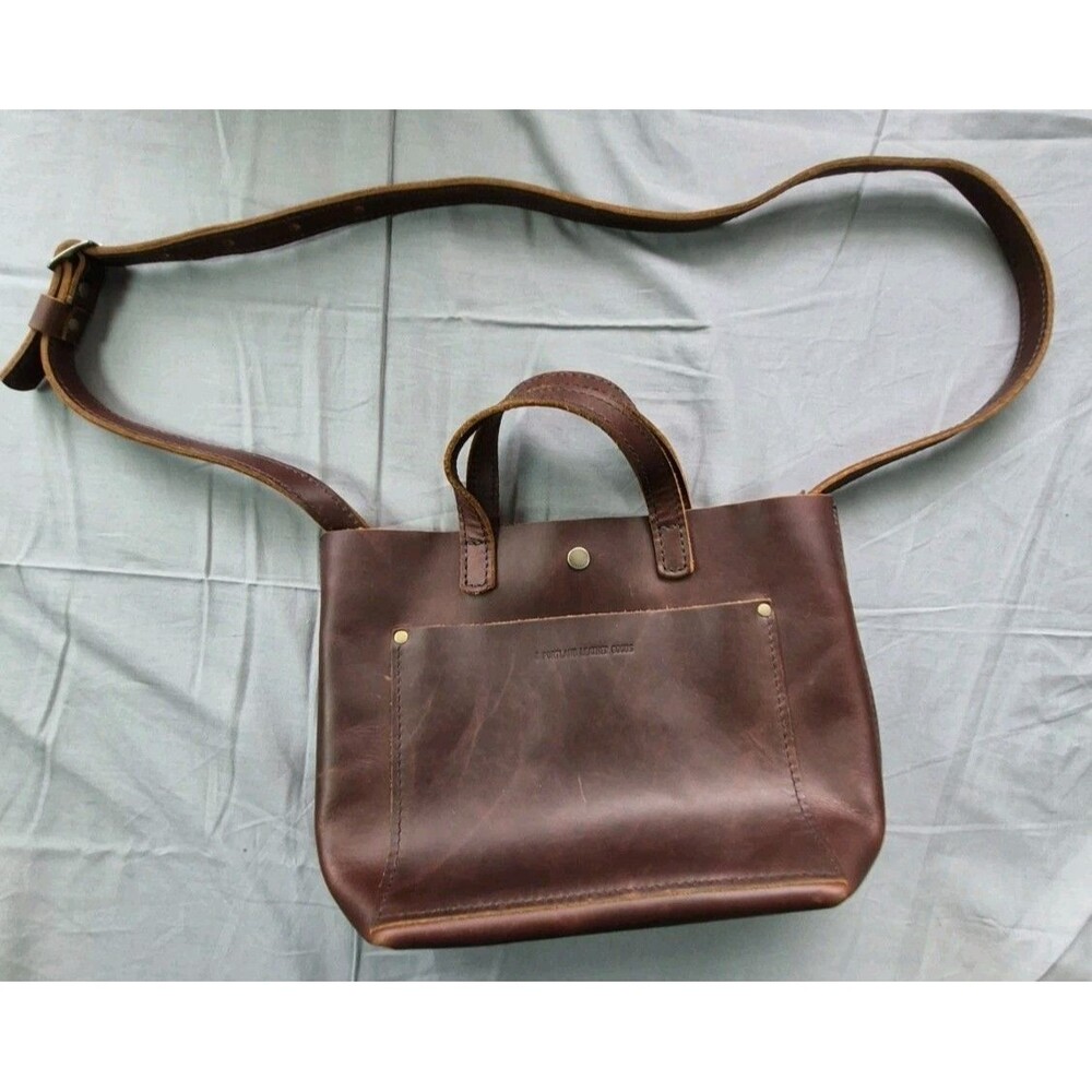 Portland Leather Goods Medium Crossbody Tote Top Grain Snap Closure Cognac Color